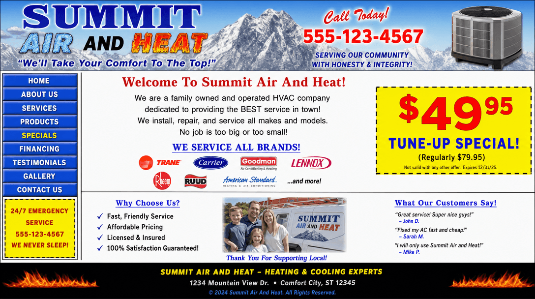 Summit Air and Heat — original website before redesign (cluttered, dated, fire borders)