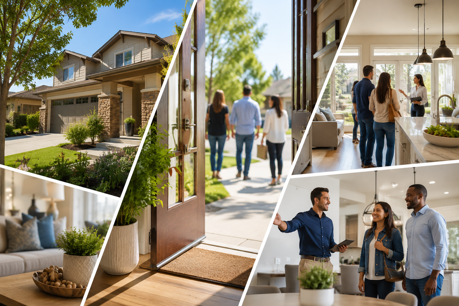 Moreno Valley open houses — home exterior, welcoming front door, modern kitchen, and agent showing buyers a home