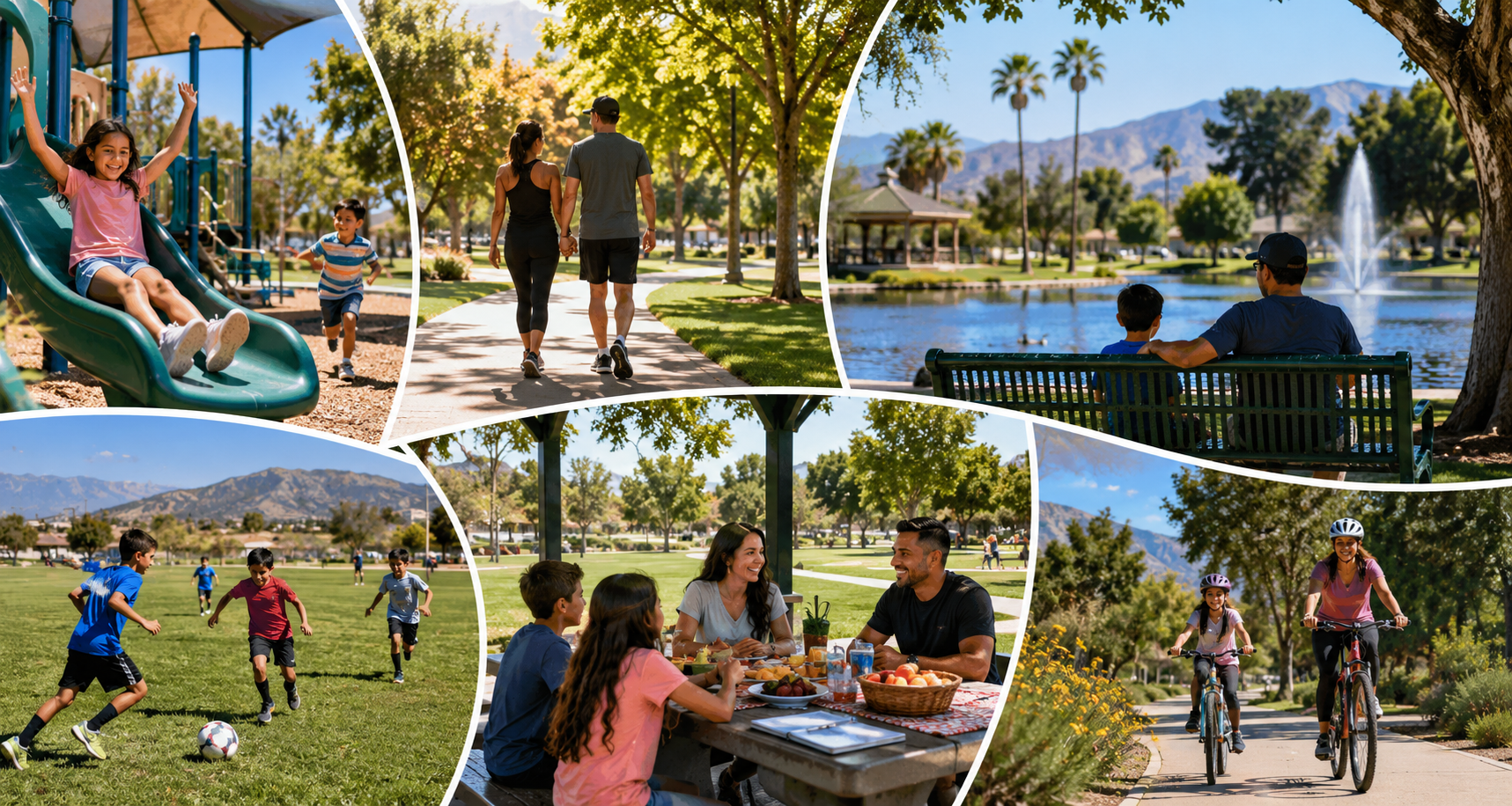 Collage of Moreno Valley parks and recreation — playground, trails, lake, picnic, and family activities